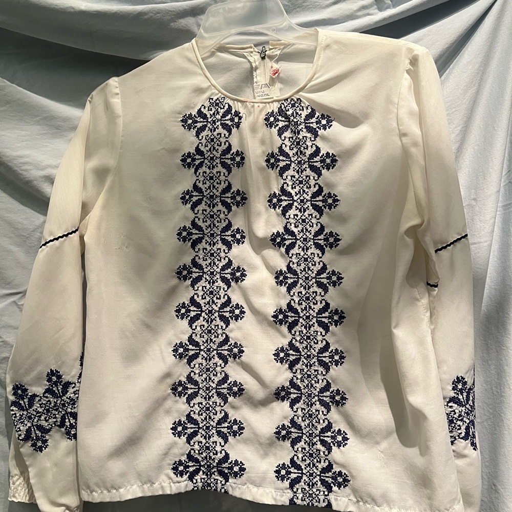White Blouse with Blue Embroidery